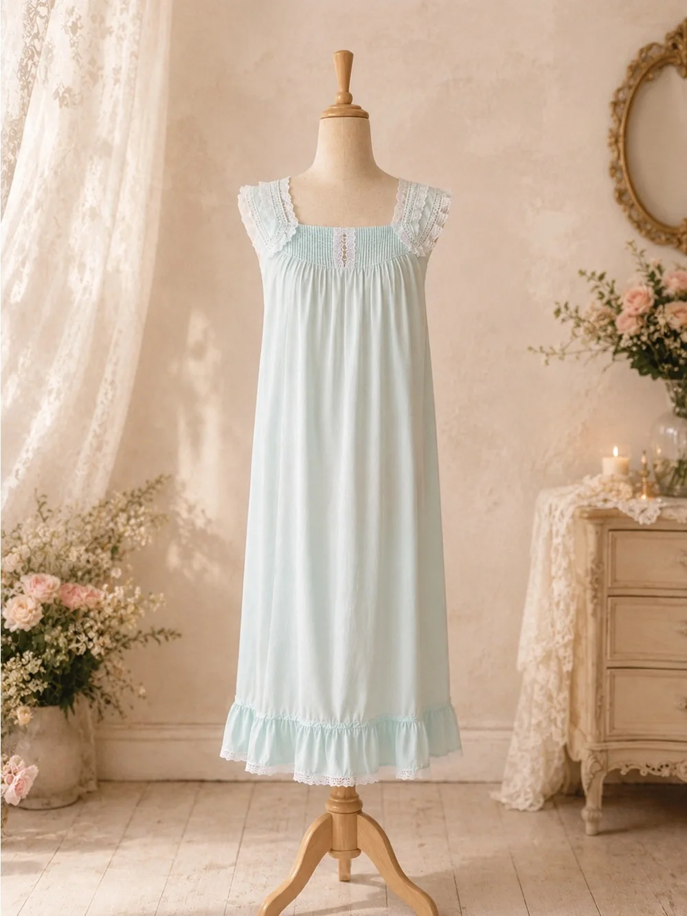 Vintage Barbizon Blue Lace Trim Nightgown Small Coquette